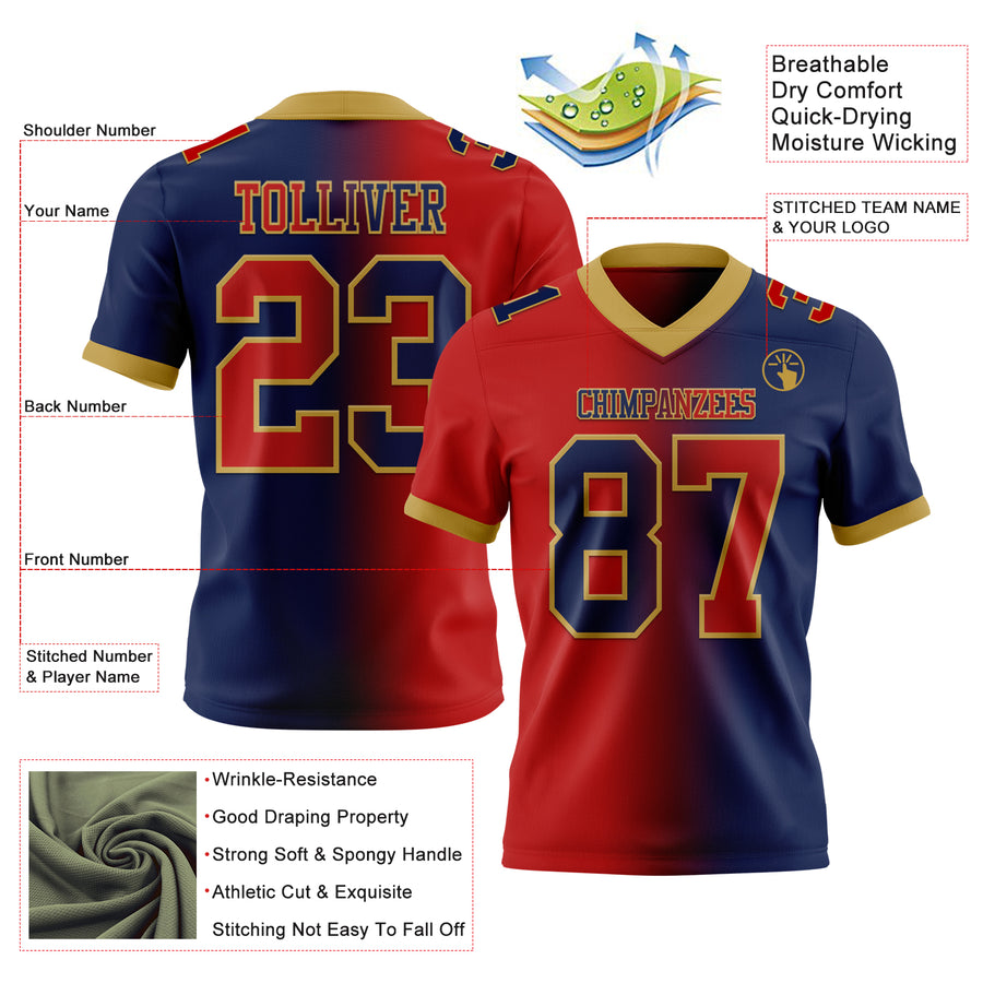 Custom Navy Red-Old Gold Authentic Gradient Fashion Football Jersey