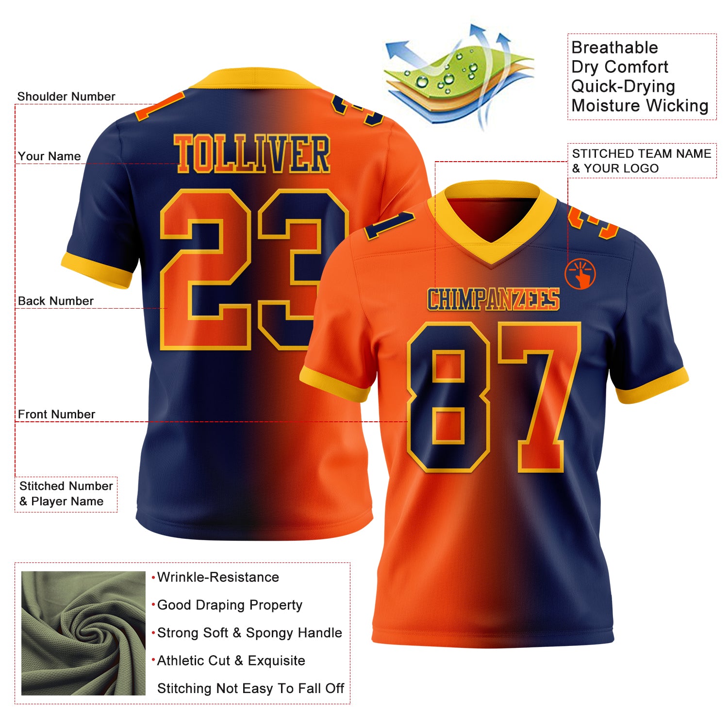 Custom Navy Orange-Gold Authentic Gradient Fashion Football Jersey