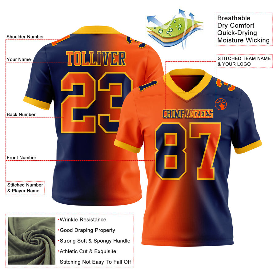 Custom Navy Orange-Gold Authentic Gradient Fashion Football Jersey