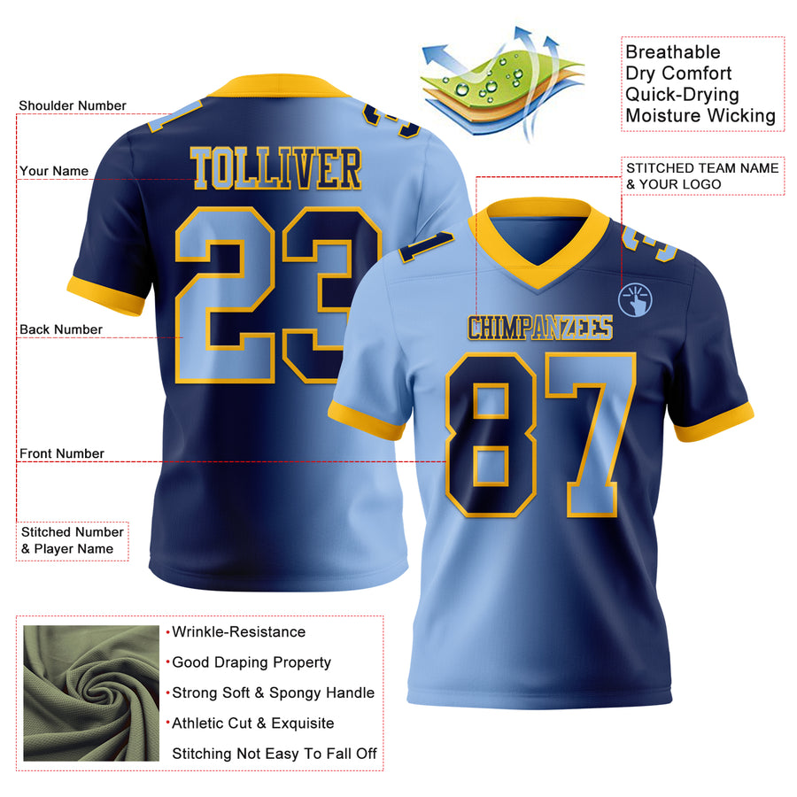 Custom Navy Light Blue-Gold Authentic Gradient Fashion Football Jersey