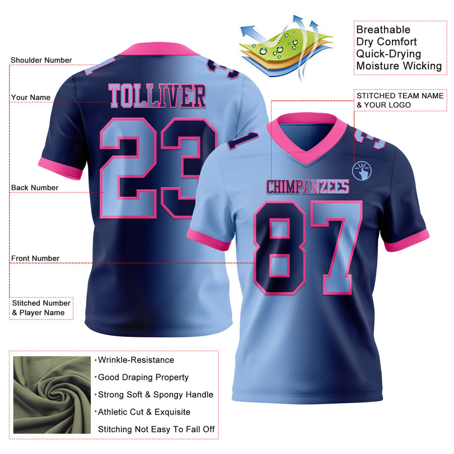 Custom Navy Light Blue-Pink Authentic Gradient Fashion Football Jersey