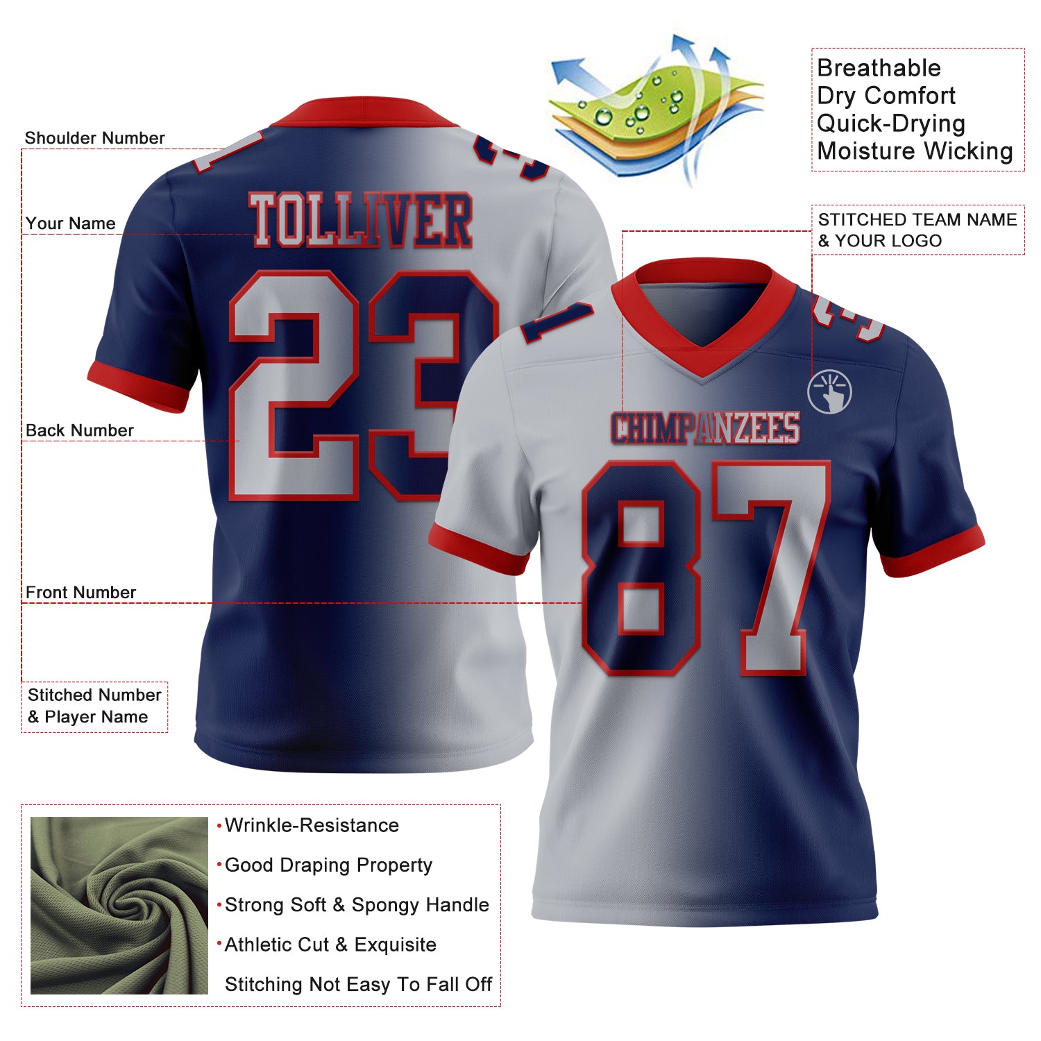 Custom Navy Gray-Red Authentic Gradient Fashion Football Jersey