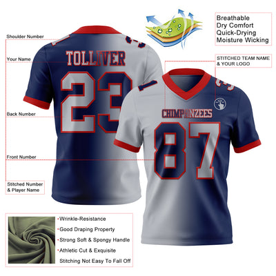 Custom Navy Gray-Red Authentic Gradient Fashion Football Jersey