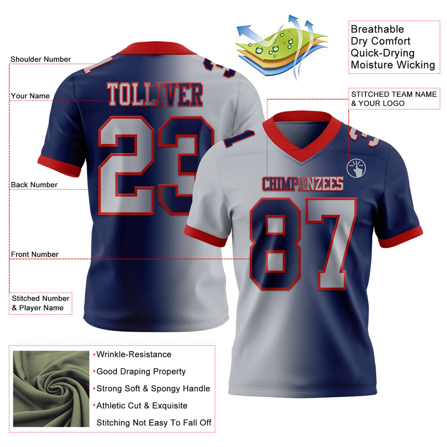 Custom Navy Gray-Red Authentic Gradient Fashion Football Jersey