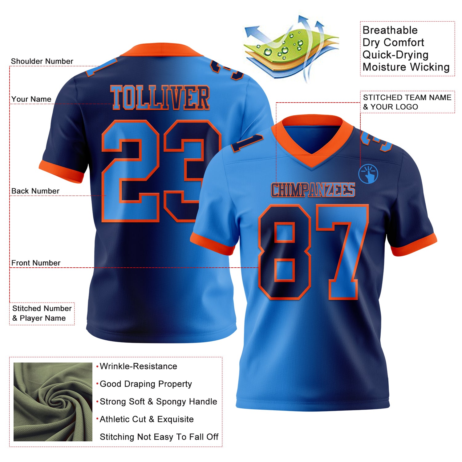Custom Navy Powder Blue-Orange Authentic Gradient Fashion Football Jersey