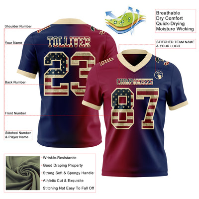 Custom Navy Vintage USA Flag Maroon-Cream Authentic Gradient Fashion Football Jersey