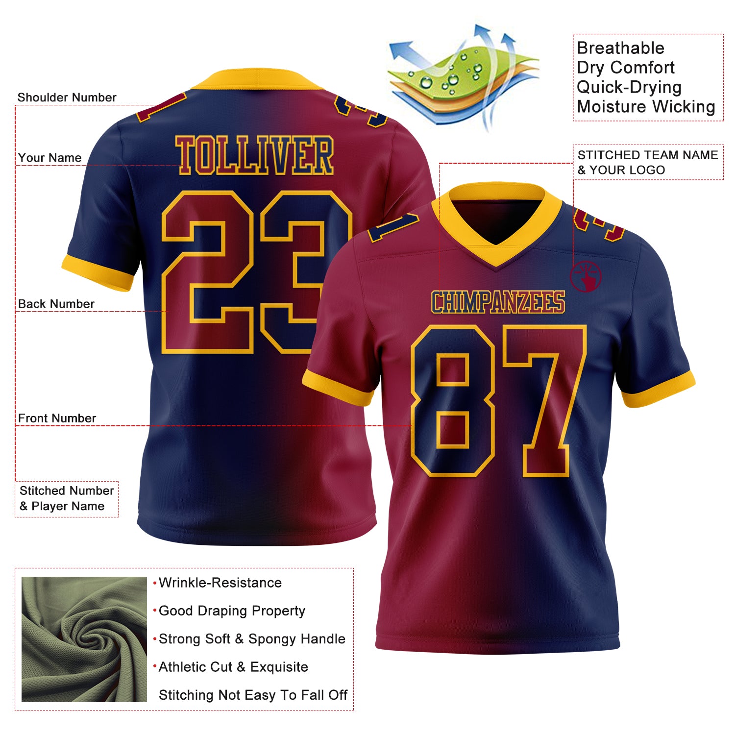 Custom Navy Maroon-Gold Authentic Gradient Fashion Football Jersey