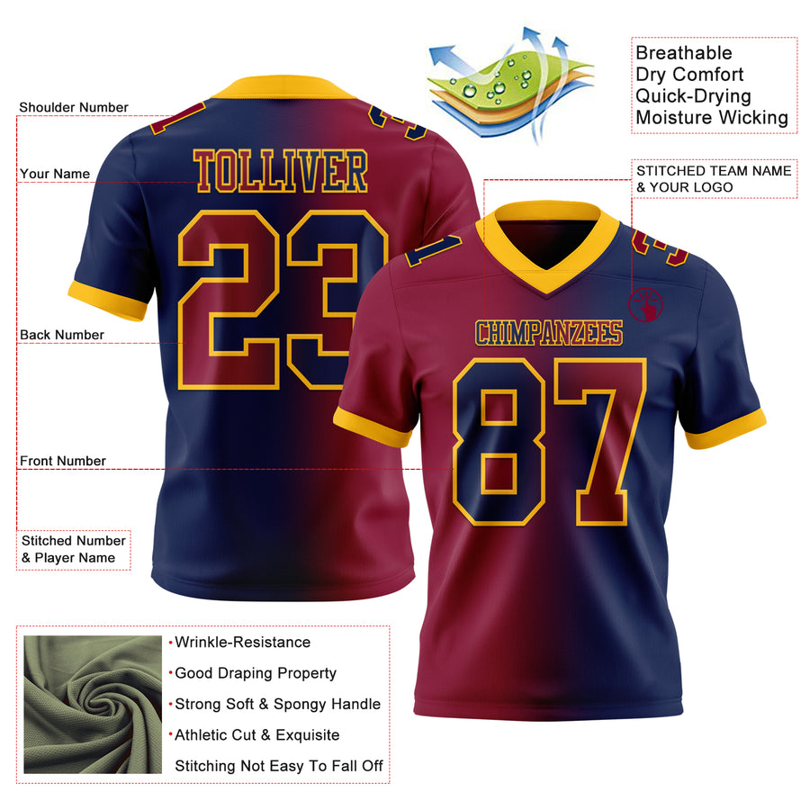 Custom Navy Maroon-Gold Authentic Gradient Fashion Football Jersey