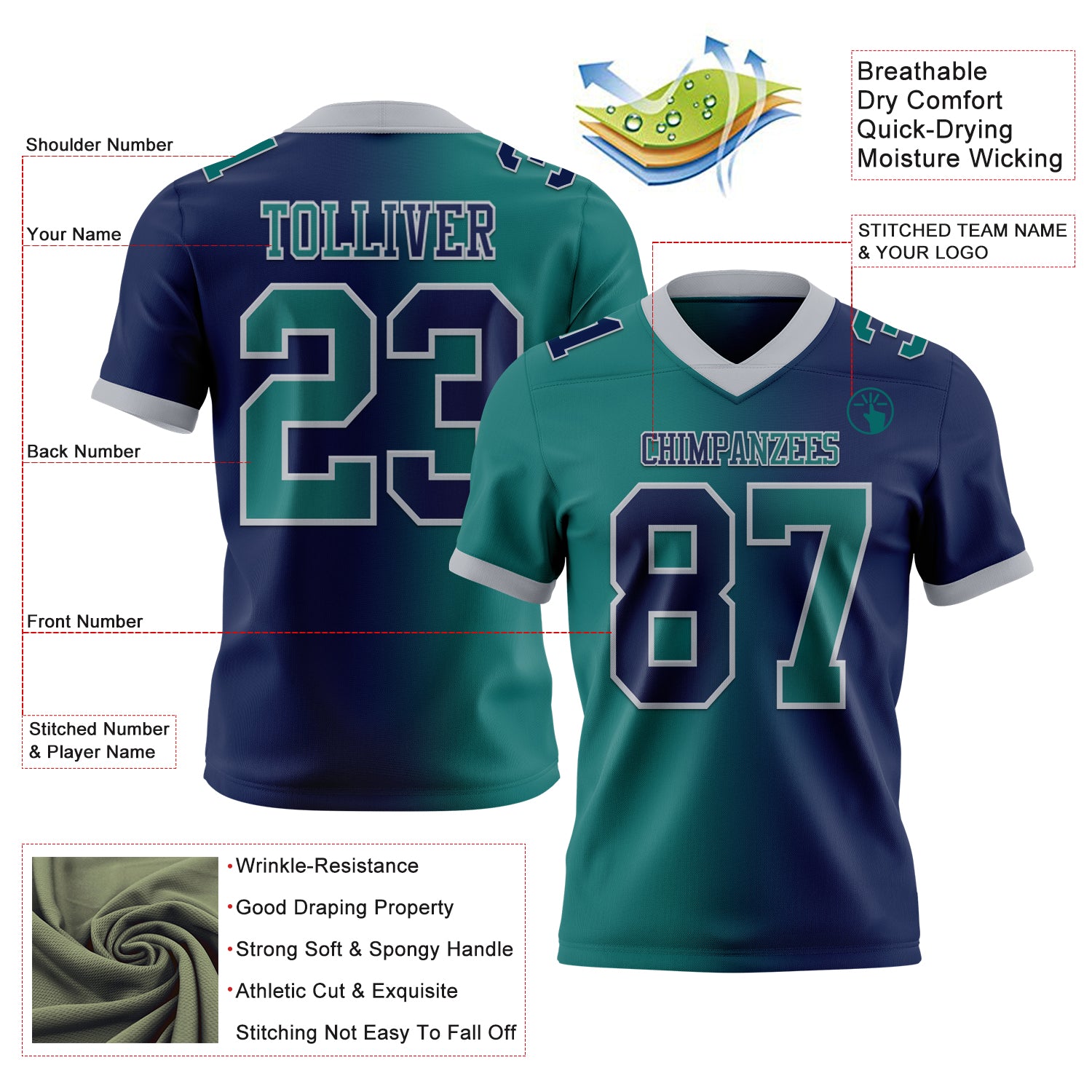 Custom Navy Teal-Gray Authentic Gradient Fashion Football Jersey