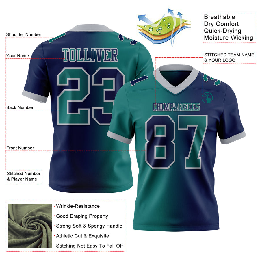 Custom Navy Teal-Gray Authentic Gradient Fashion Football Jersey