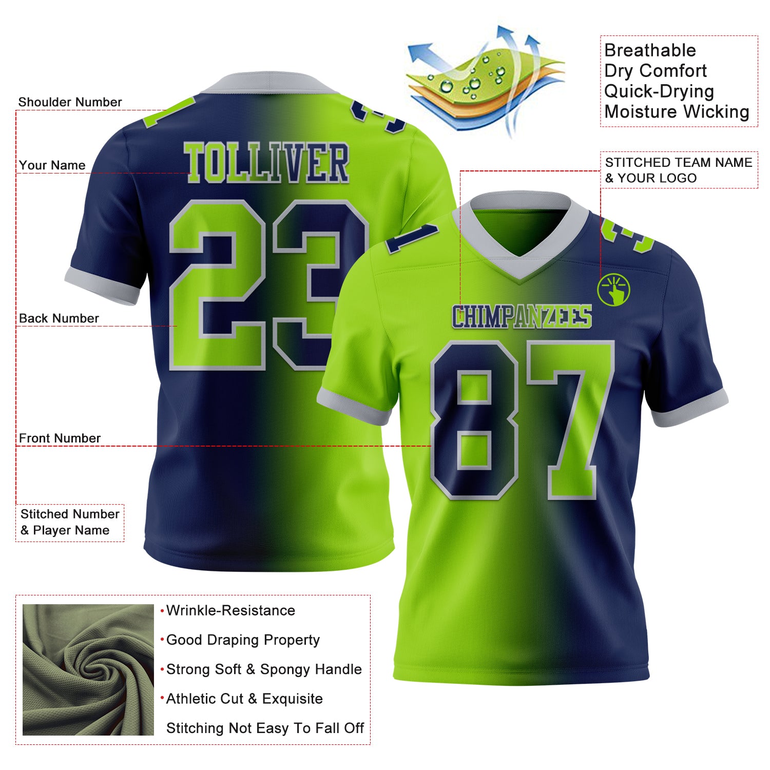 Custom Navy Neon Green-Gray Authentic Gradient Fashion Football Jersey