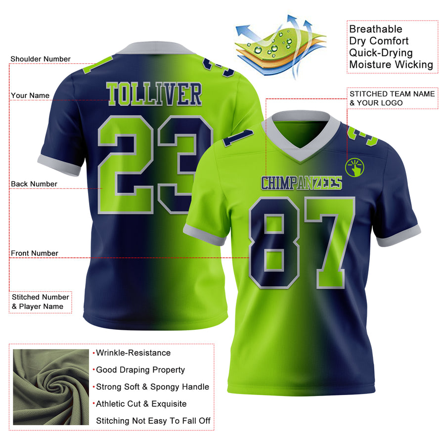 Custom Navy Neon Green-Gray Authentic Gradient Fashion Football Jersey