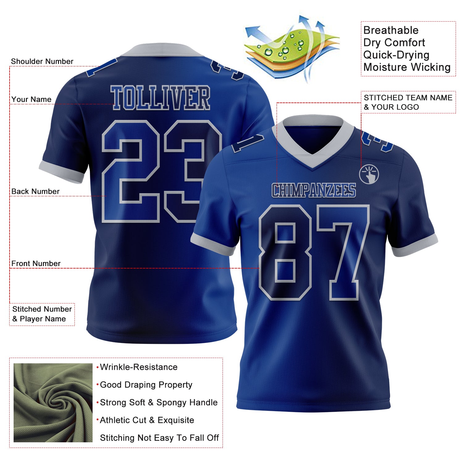 Custom Navy Royal-Gray Authentic Gradient Fashion Football Jersey