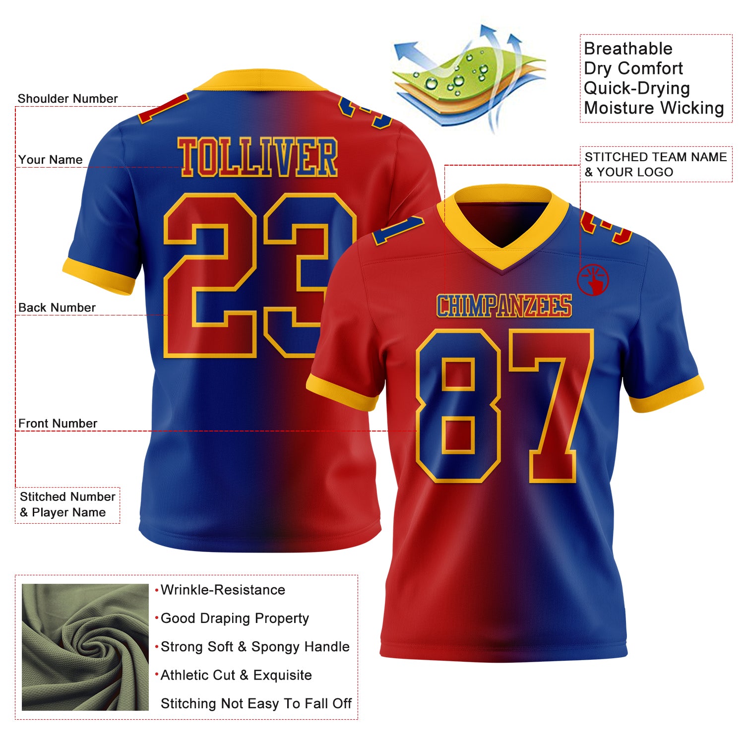 Custom Royal Red-Gold Authentic Gradient Fashion Football Jersey