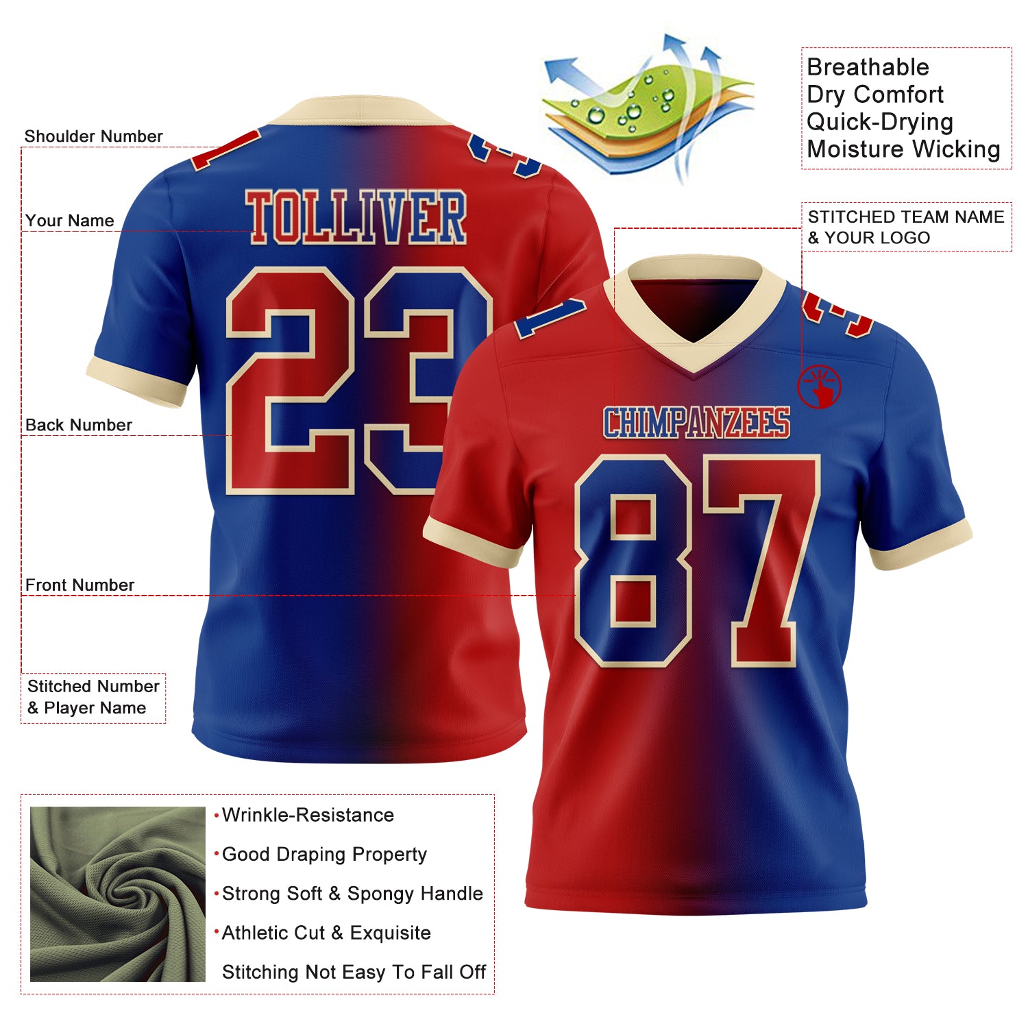 Custom Royal Red-Cream Authentic Gradient Fashion Football Jersey