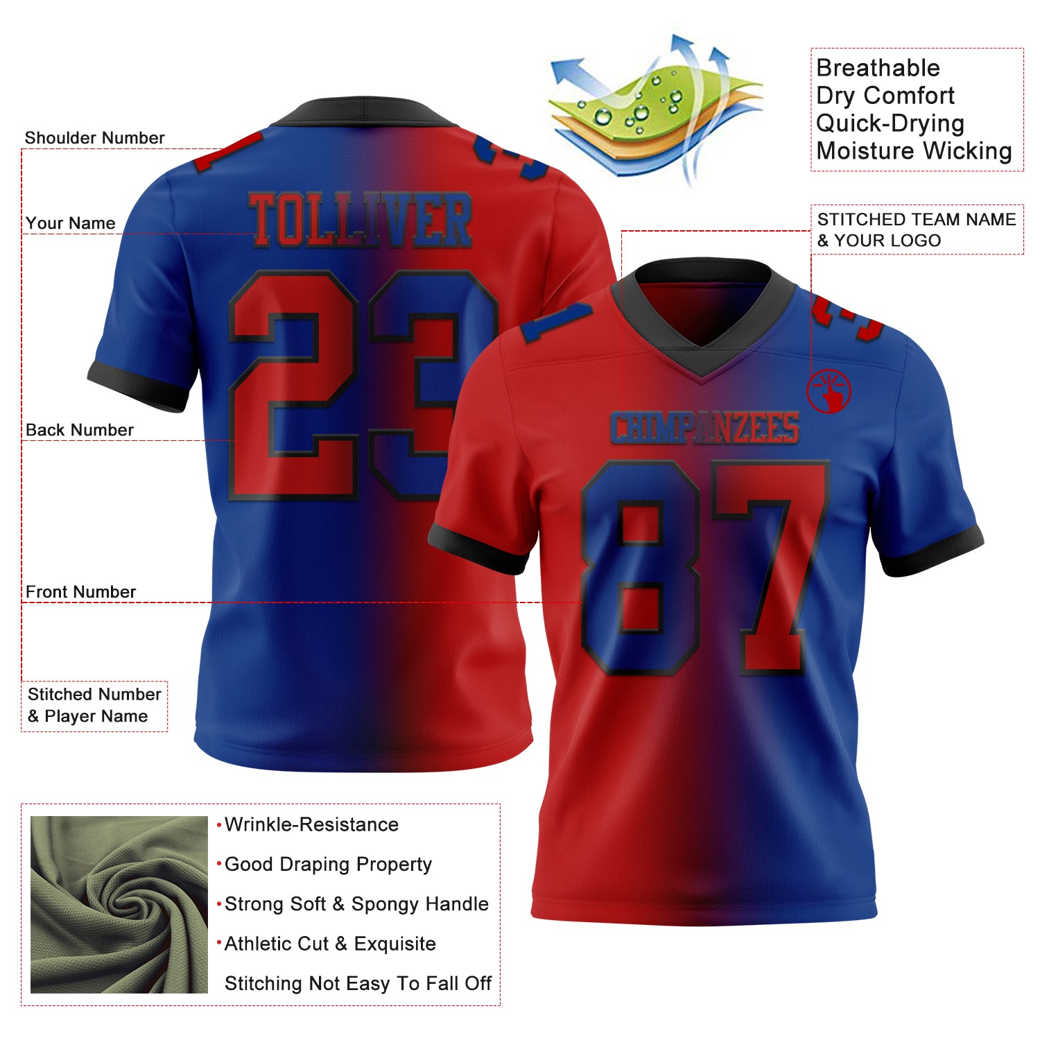 Custom Royal Red-Black Authentic Gradient Fashion Football Jersey