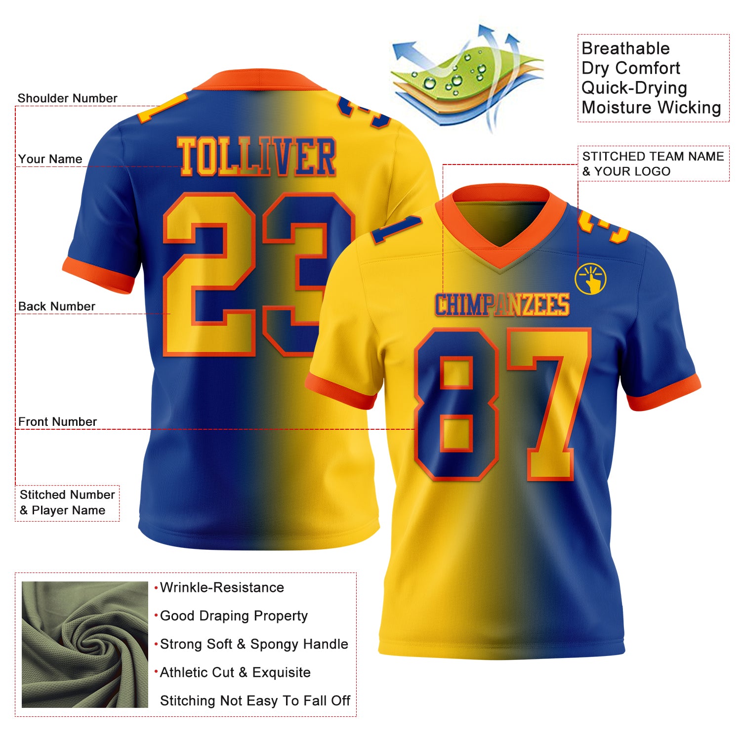 Custom Royal Yellow-Orange Authentic Gradient Fashion Football Jersey