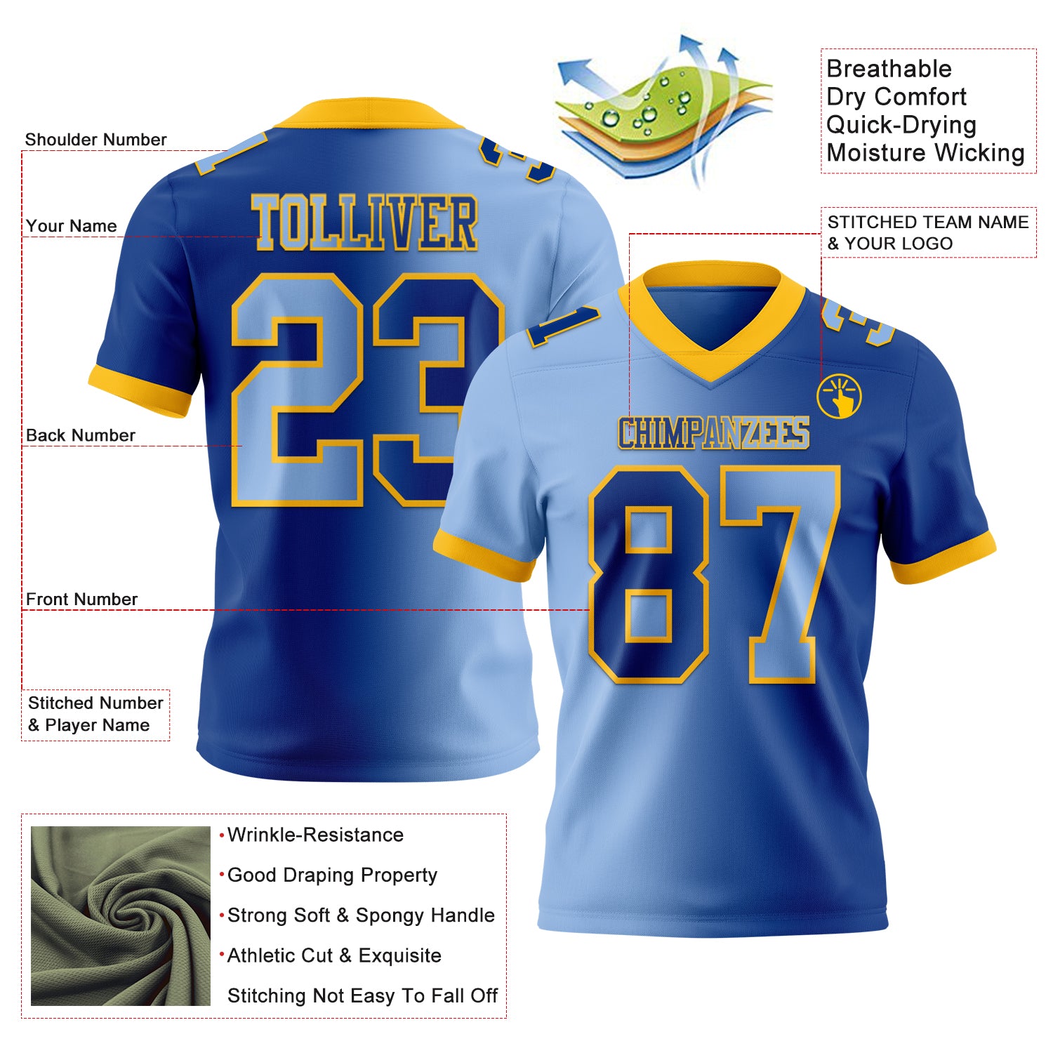 Custom Royal Light Blue-Gold Authentic Gradient Fashion Football Jersey