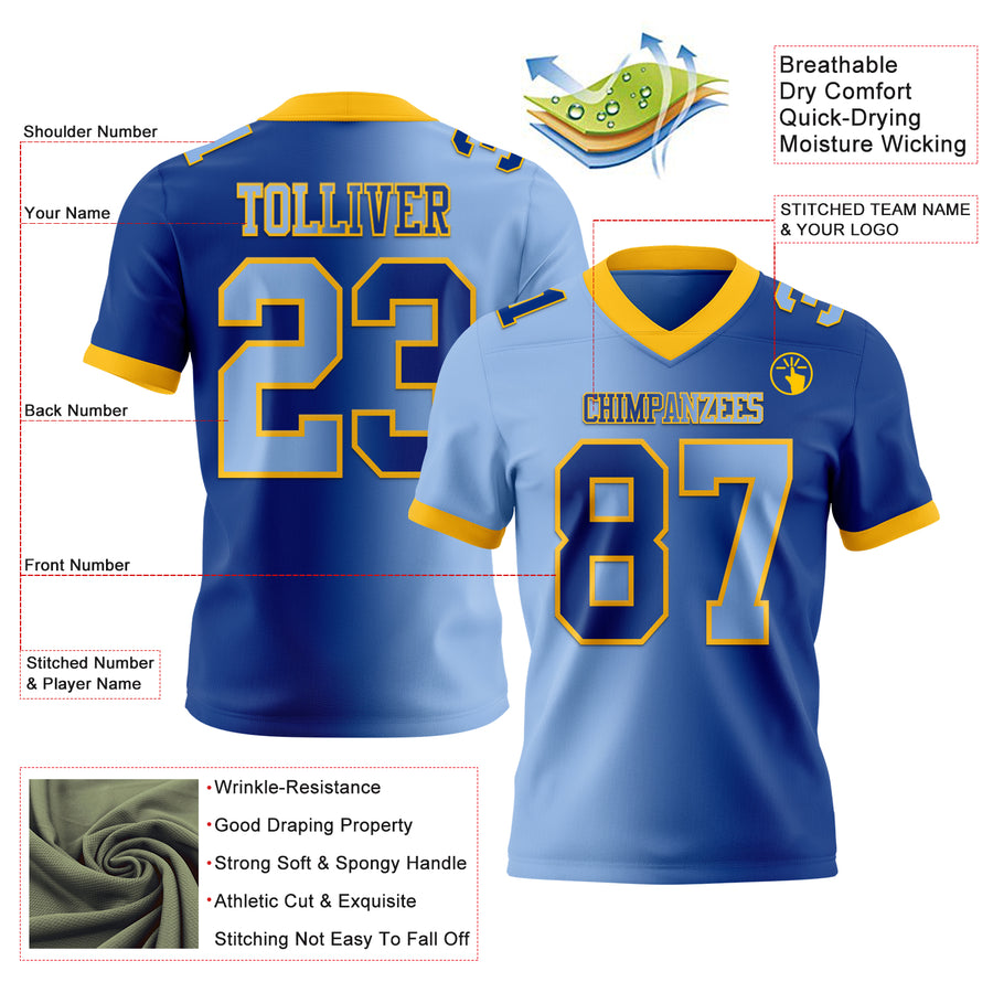 Custom Royal Light Blue-Gold Authentic Gradient Fashion Football Jersey