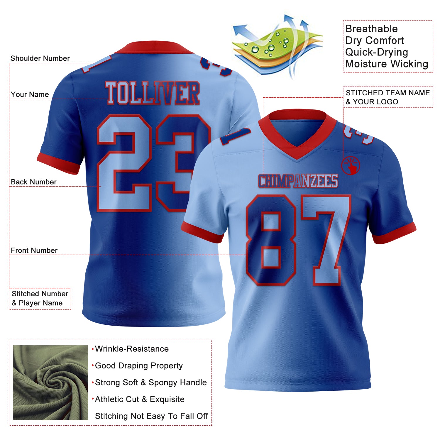 Custom Royal Light Blue-Red Authentic Gradient Fashion Football Jersey