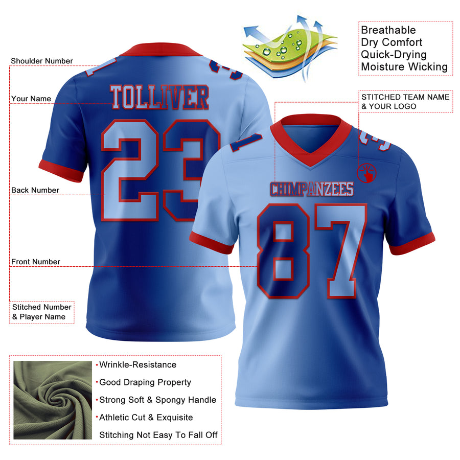 Custom Royal Light Blue-Red Authentic Gradient Fashion Football Jersey
