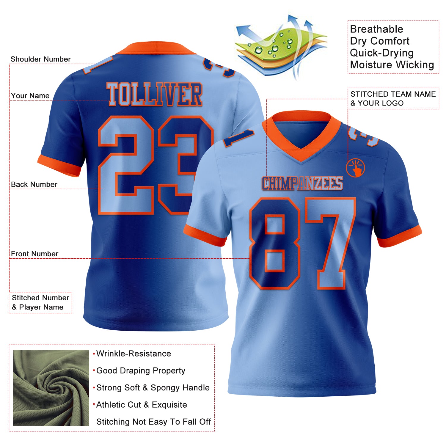 Custom Royal Light Blue-Orange Authentic Gradient Fashion Football Jersey