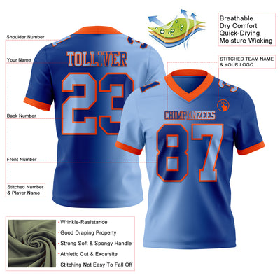 Custom Royal Light Blue-Orange Authentic Gradient Fashion Football Jersey
