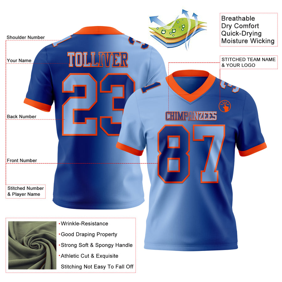 Custom Royal Light Blue-Orange Authentic Gradient Fashion Football Jersey