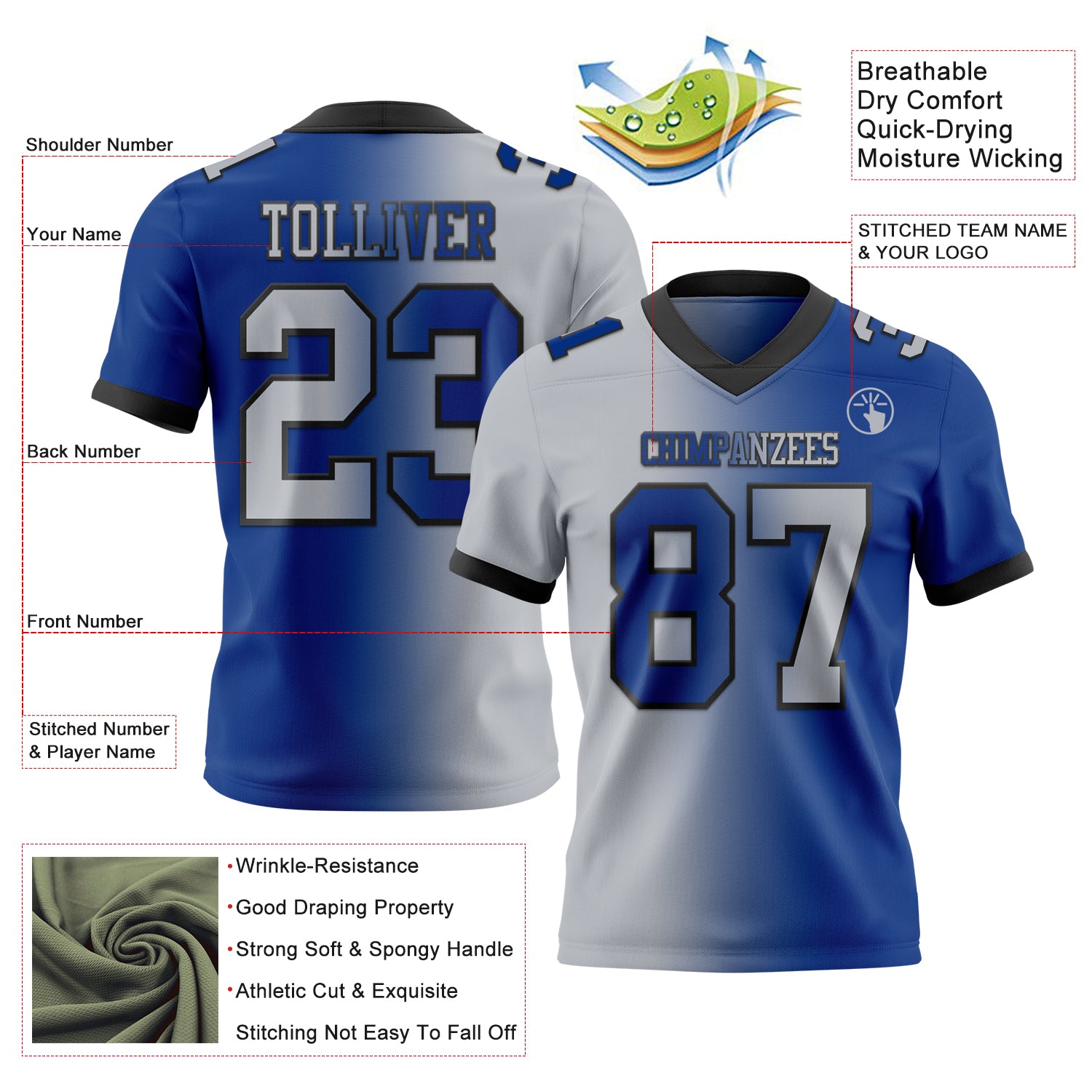 Custom Royal Gray-Black Authentic Gradient Fashion Football Jersey