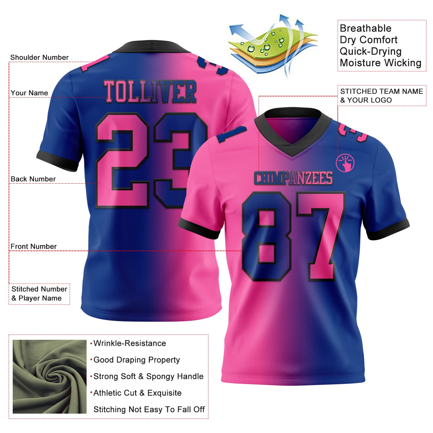 Custom Royal Pink-Black Authentic Gradient Fashion Football Jersey