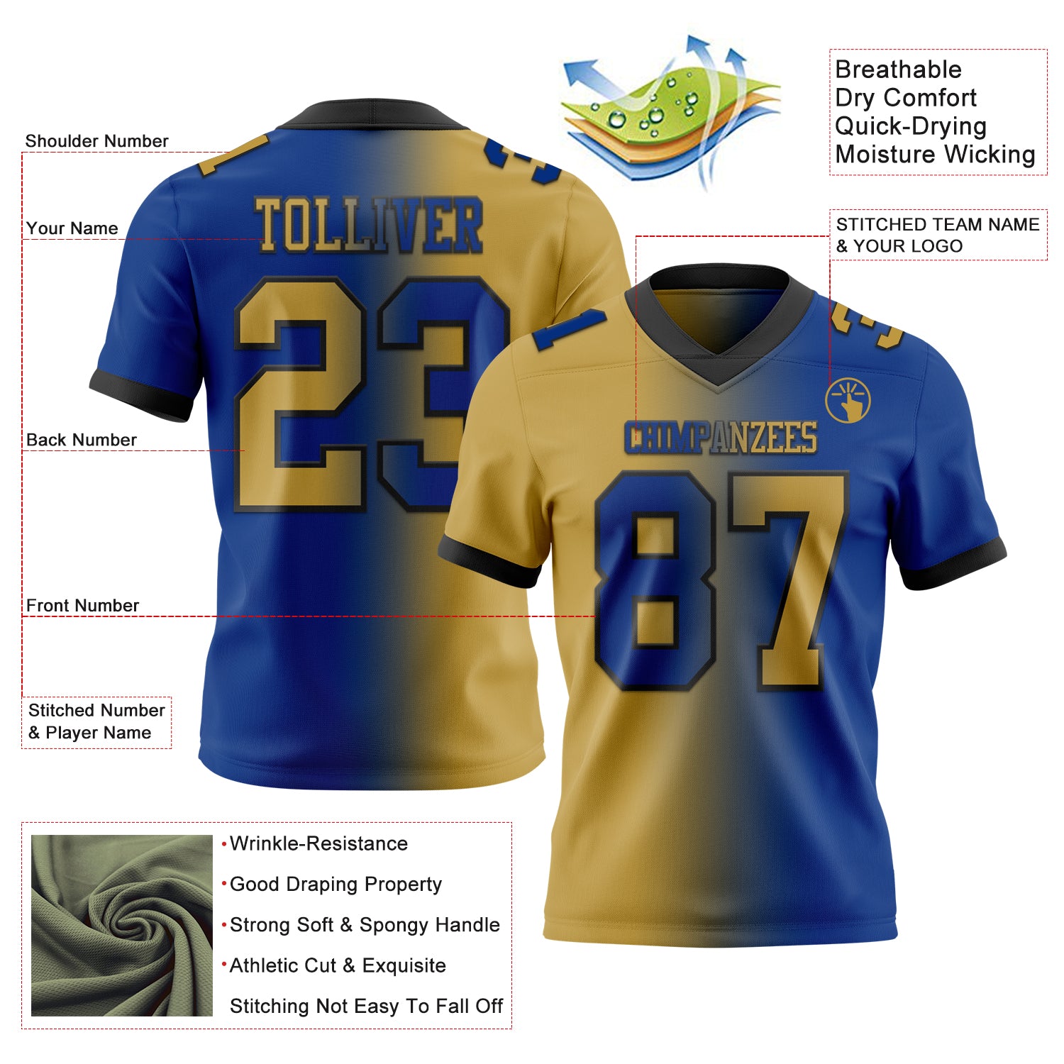 Custom Royal Old Gold-Black Authentic Gradient Fashion Football Jersey