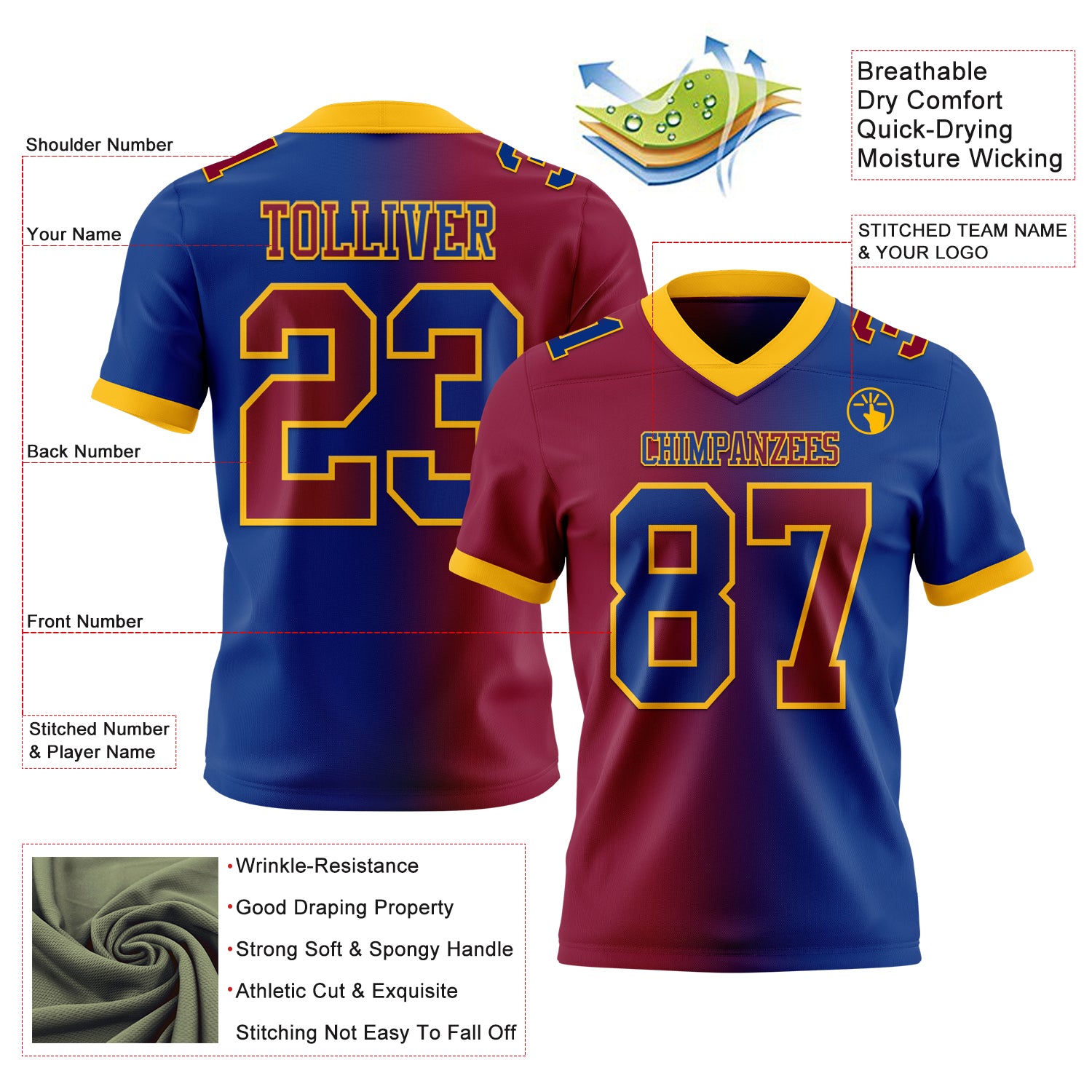 Custom Royal Maroon-Gold Authentic Gradient Fashion Football Jersey
