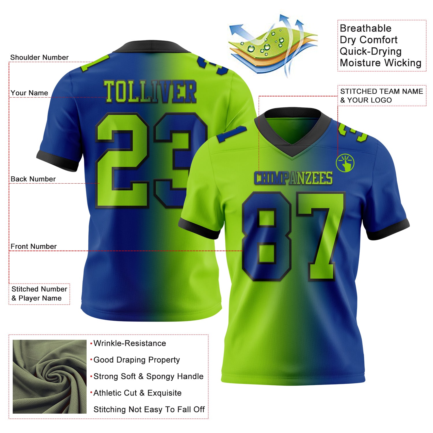 Custom Royal Neon Green-Black Authentic Gradient Fashion Football Jersey