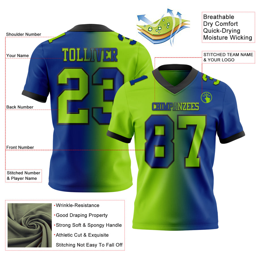 Custom Royal Neon Green-Black Authentic Gradient Fashion Football Jersey