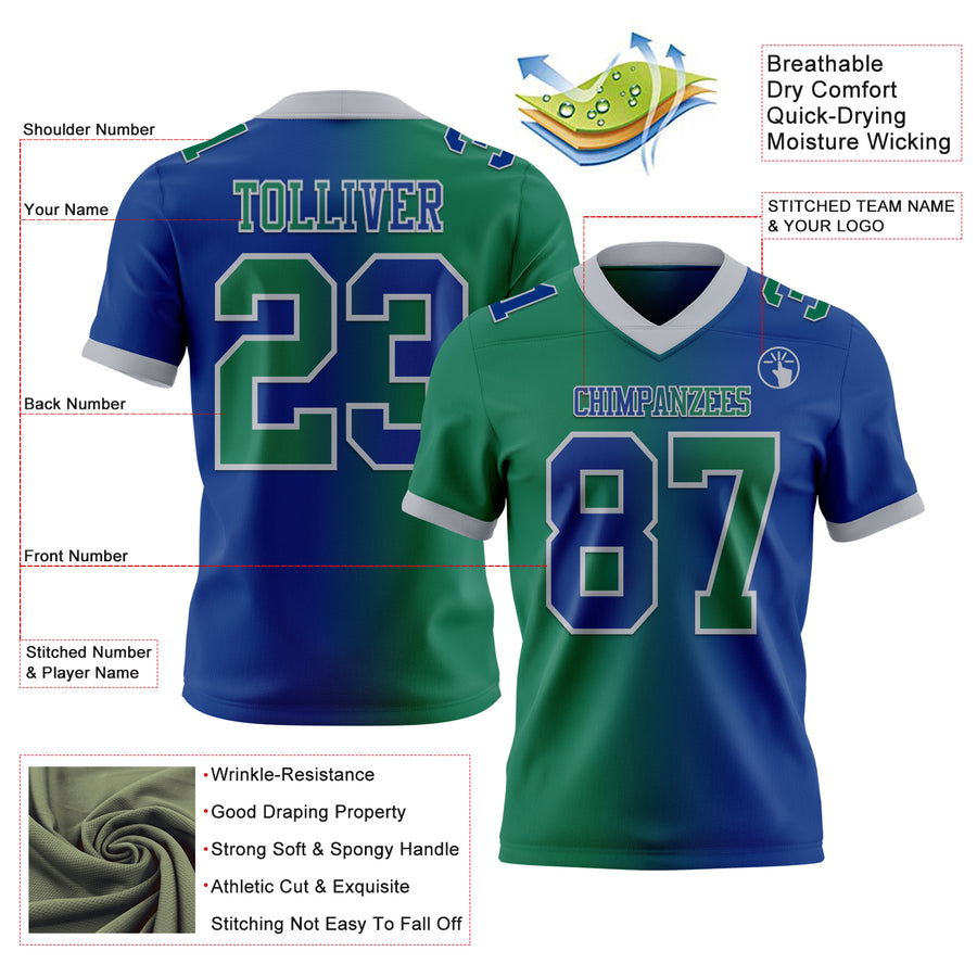 Custom Royal Kelly Green-Gray Authentic Gradient Fashion Football Jersey