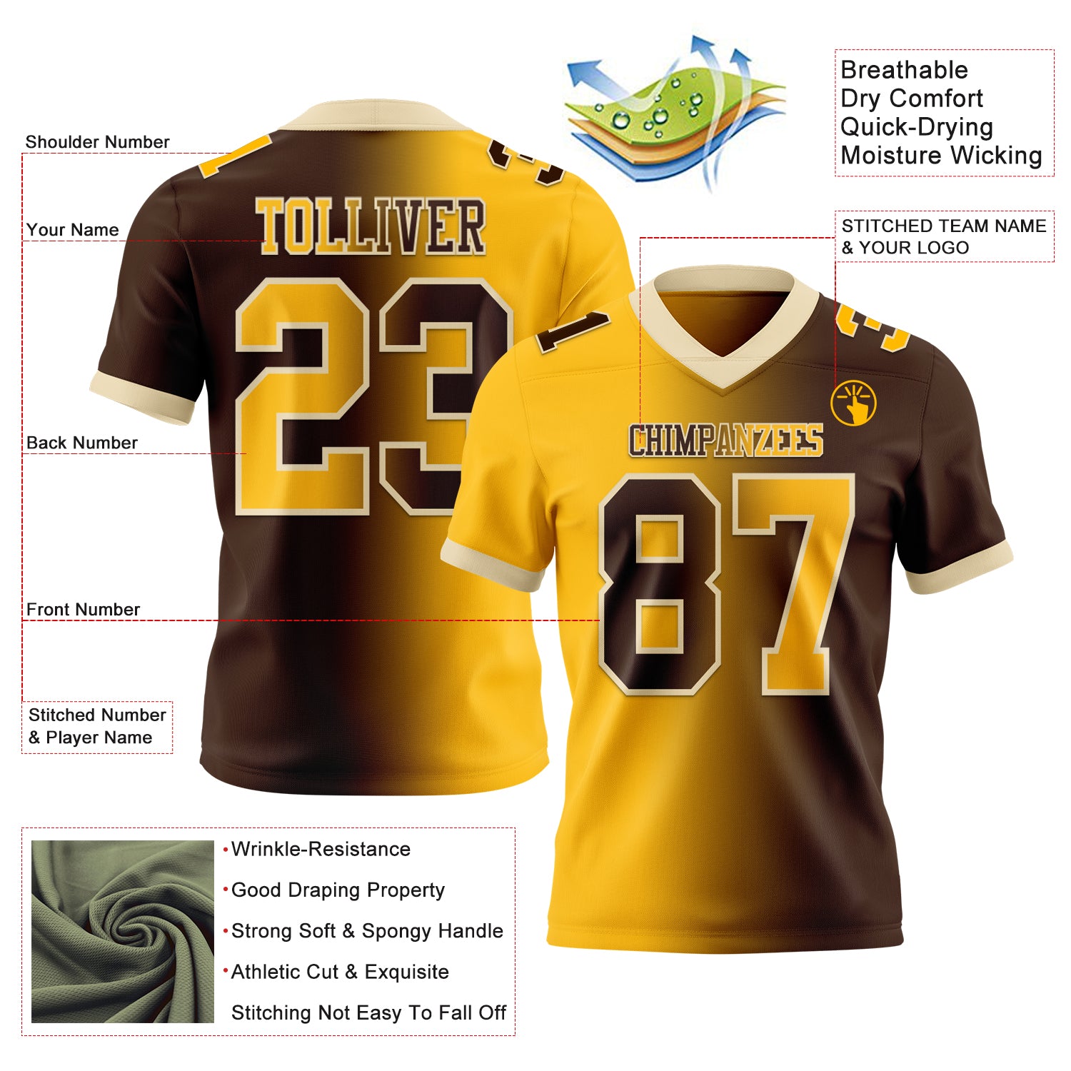 Custom Brown Gold-Cream Authentic Gradient Fashion Football Jersey
