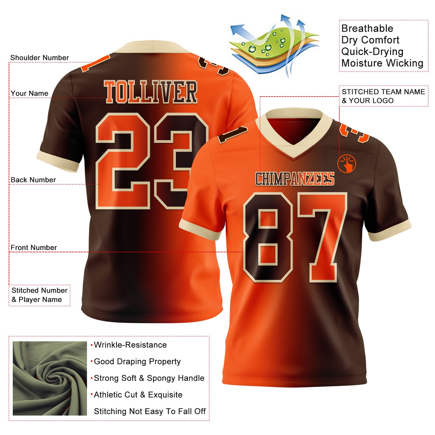 Custom Brown Orange-Cream Authentic Gradient Fashion Football Jersey