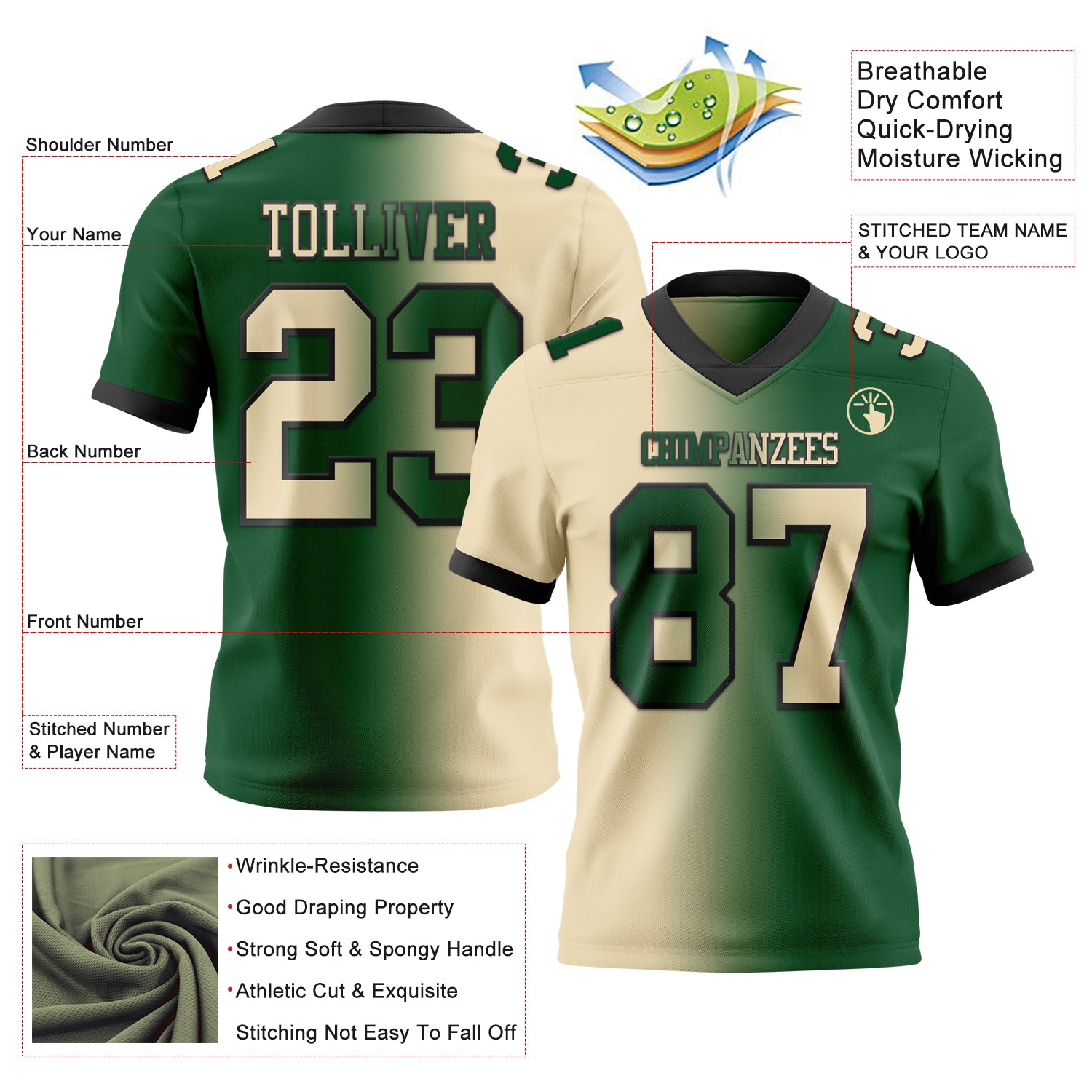 Custom Green Cream-Black Authentic Gradient Fashion Football Jersey
