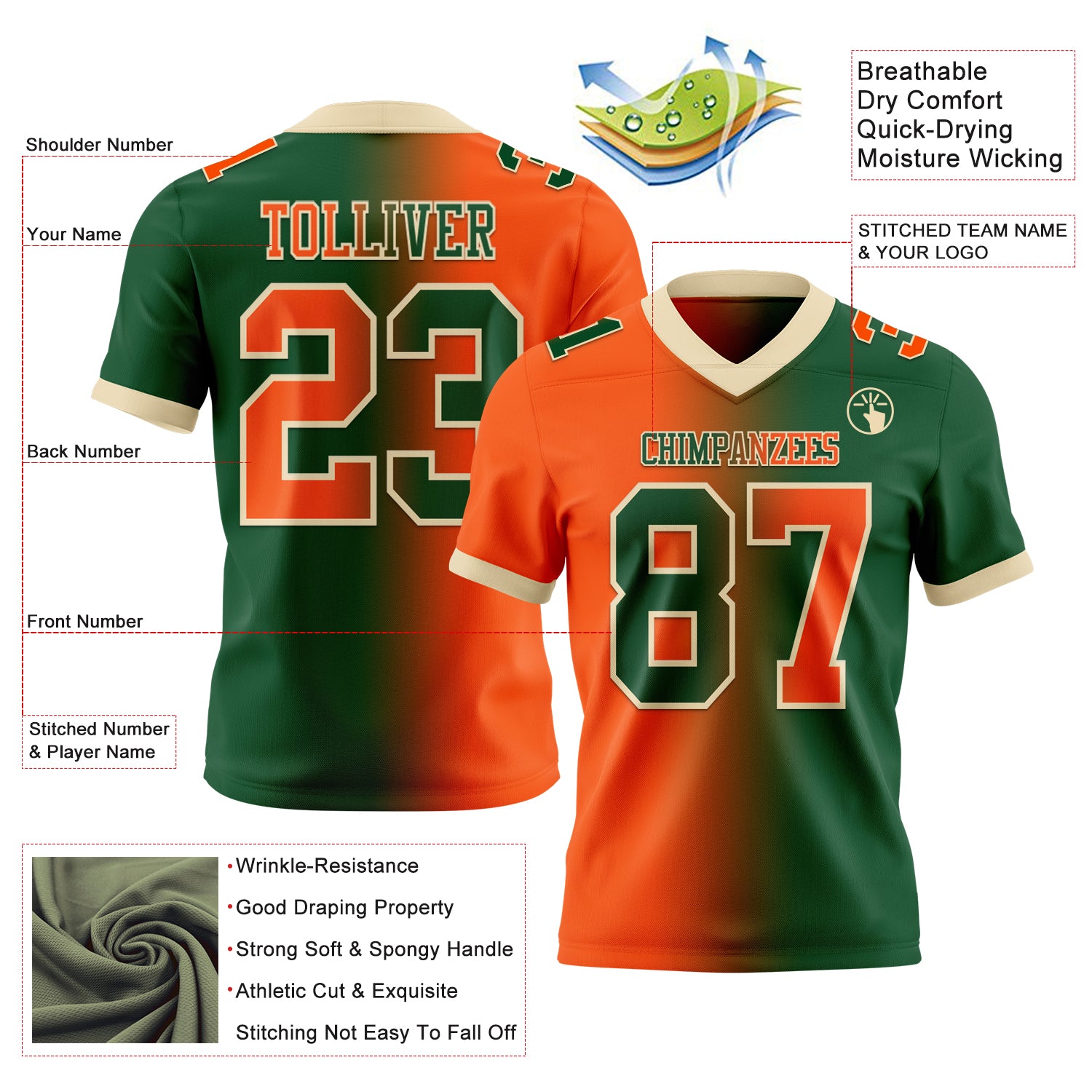 Custom Green Orange-Cream Authentic Gradient Fashion Football Jersey