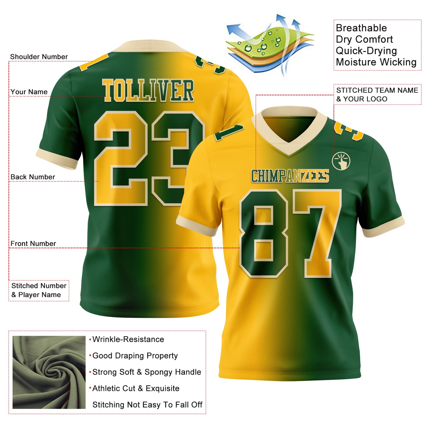 Custom Green Gold-Cream Authentic Gradient Fashion Football Jersey