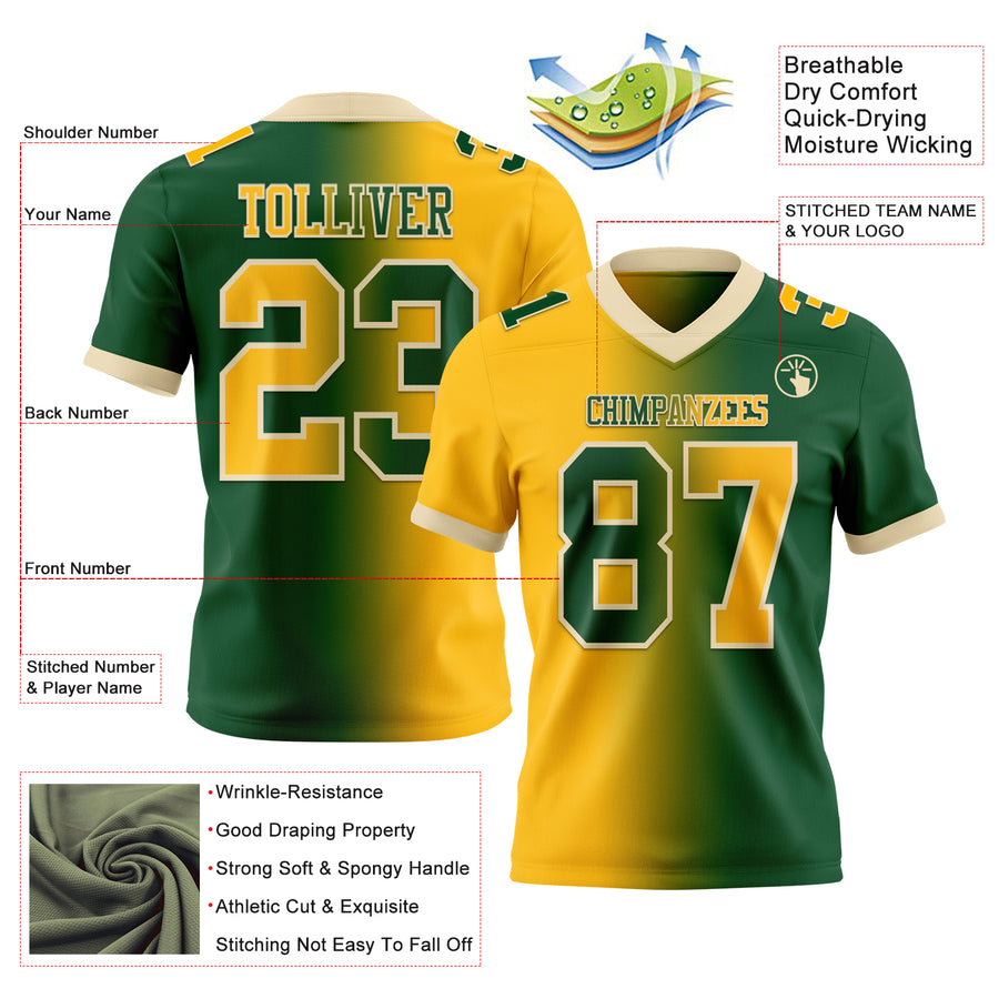 Custom Green Gold-Cream Authentic Gradient Fashion Football Jersey
