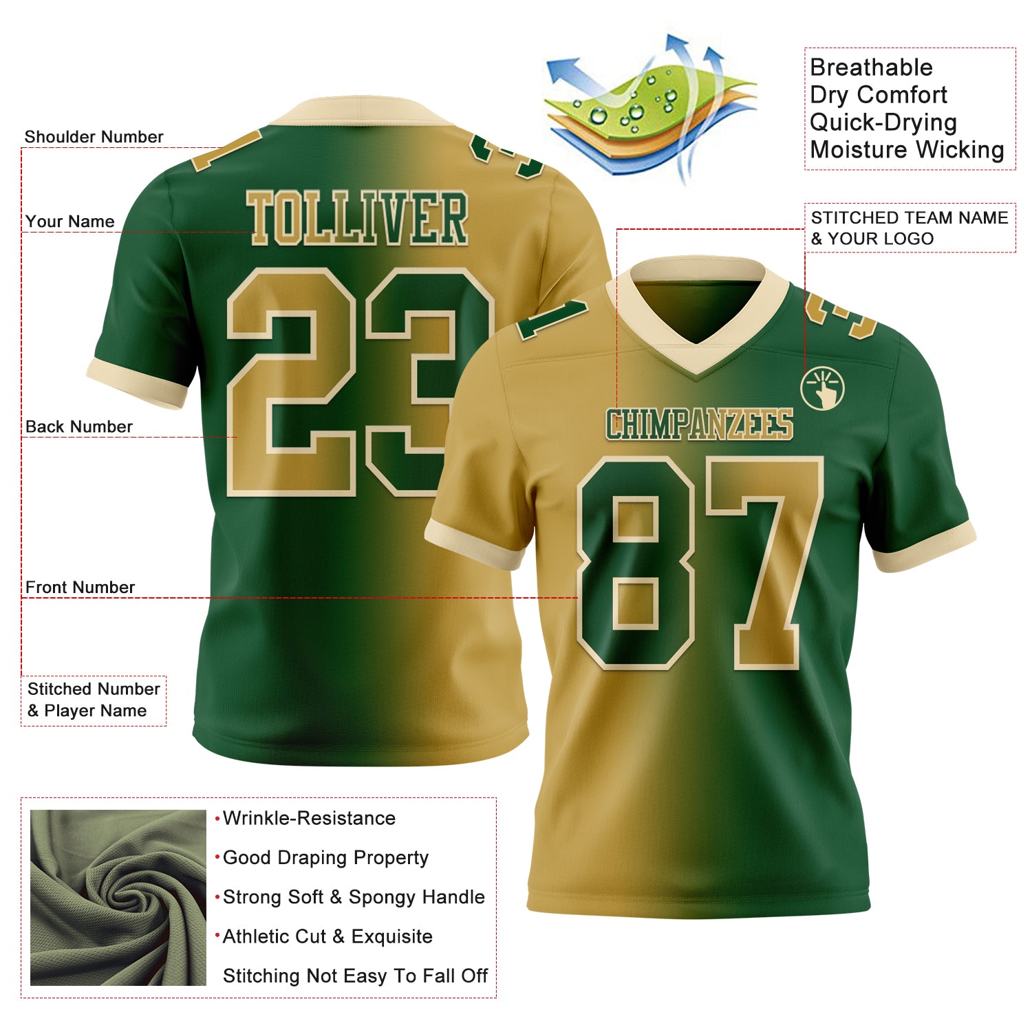 Custom Green Old Gold-Cream Authentic Gradient Fashion Football Jersey