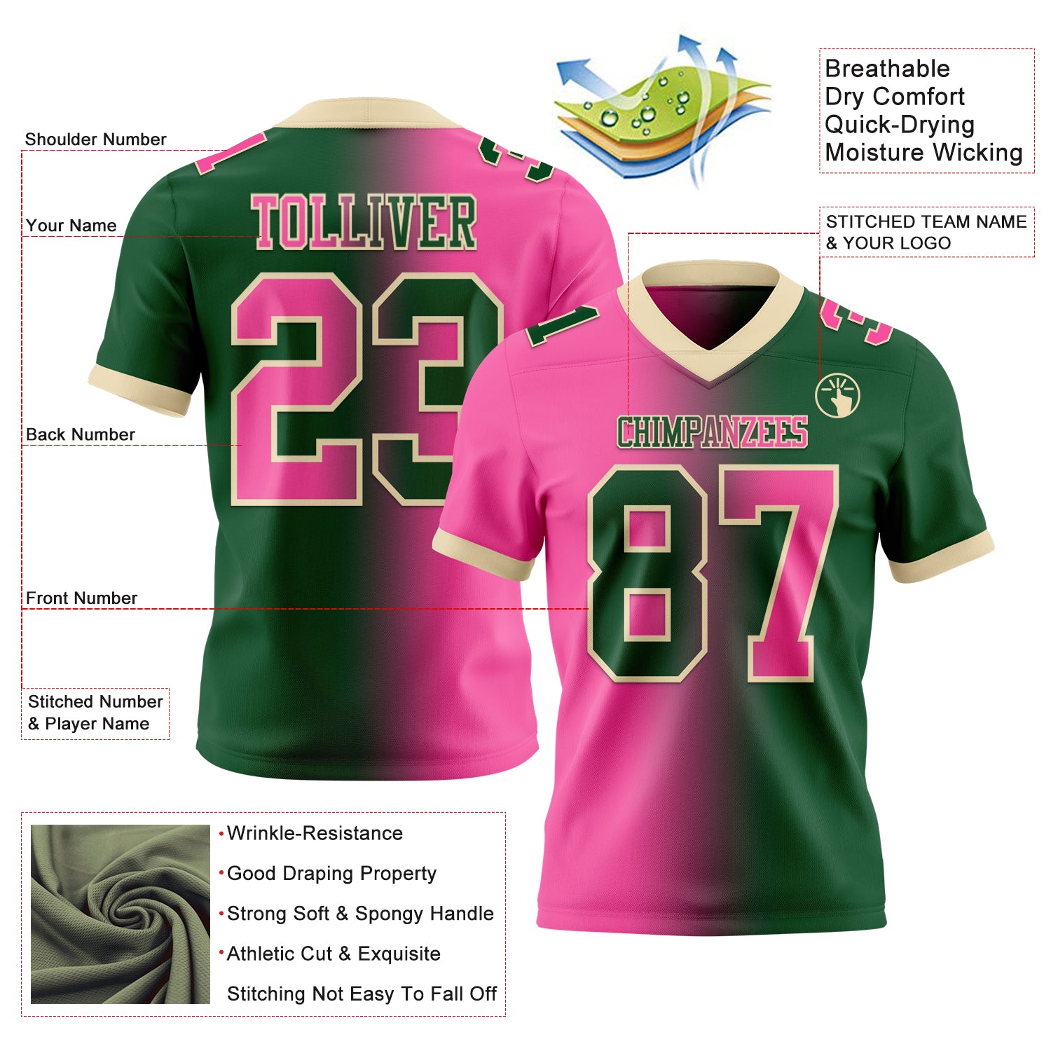 Custom Green Pink-Cream Authentic Gradient Fashion Football Jersey