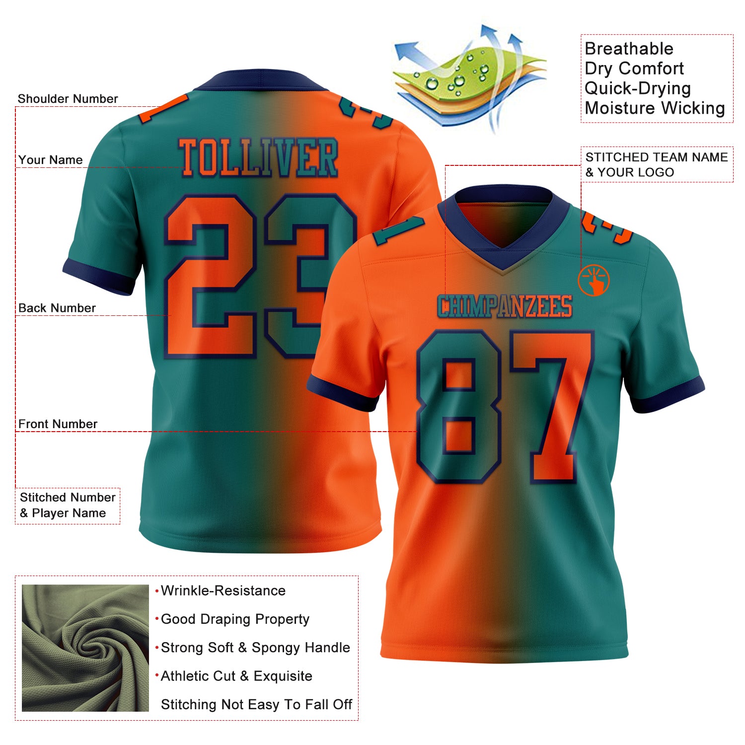 Custom Teal Orange-Navy Authentic Gradient Fashion Football Jersey