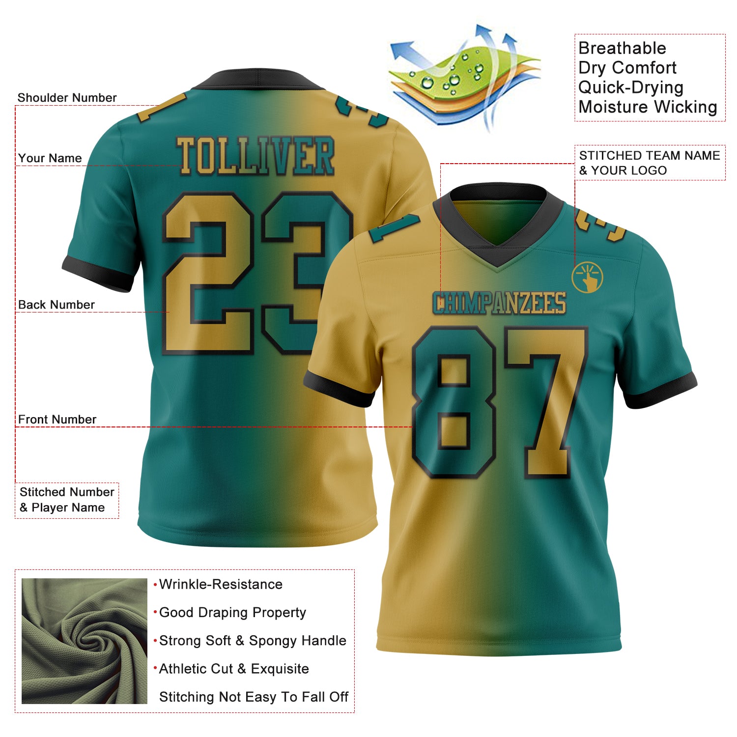 Custom Teal Old Gold-Black Authentic Gradient Fashion Football Jersey