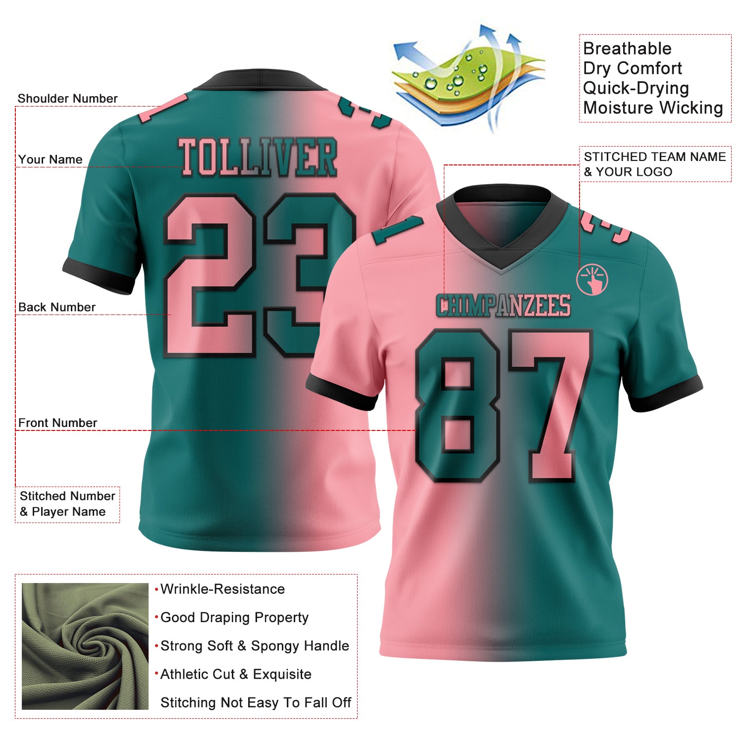 Custom Teal Medium Pink-Black Authentic Gradient Fashion Football Jersey