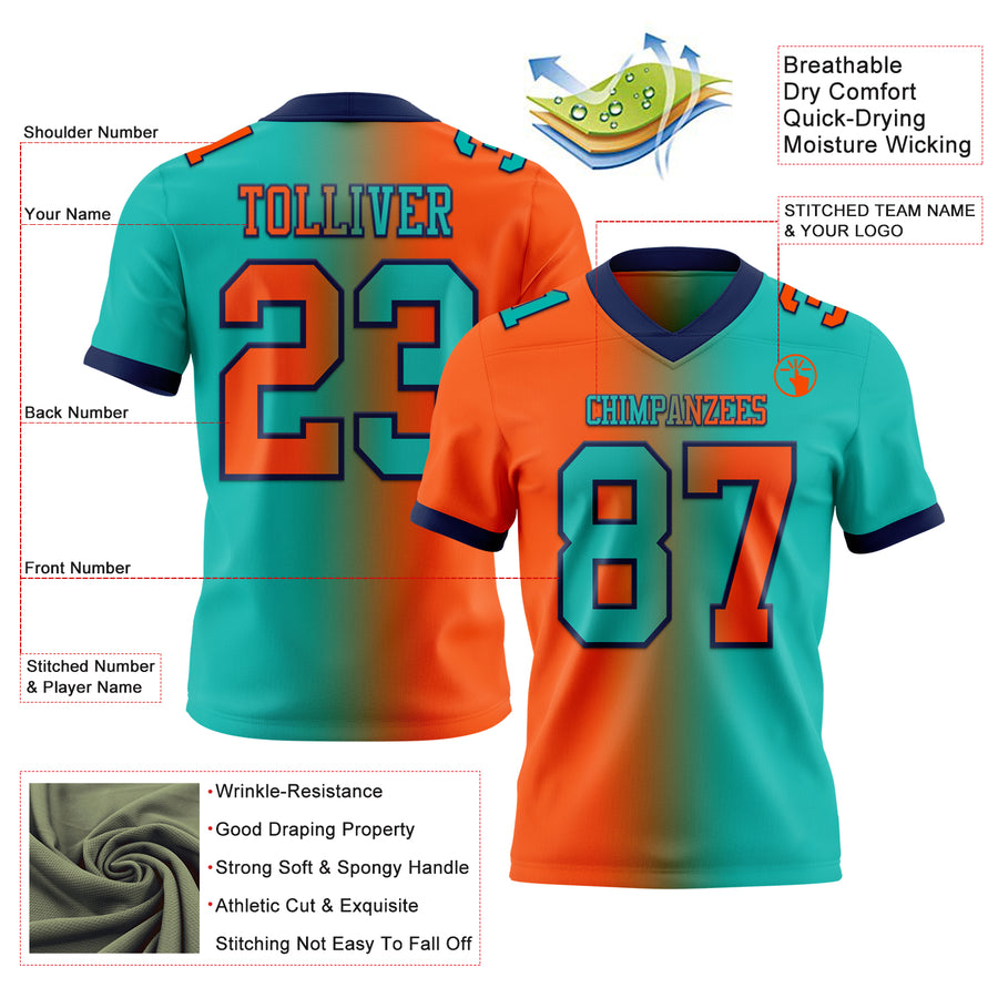 Custom Aqua Orange-Navy Authentic Gradient Fashion Football Jersey