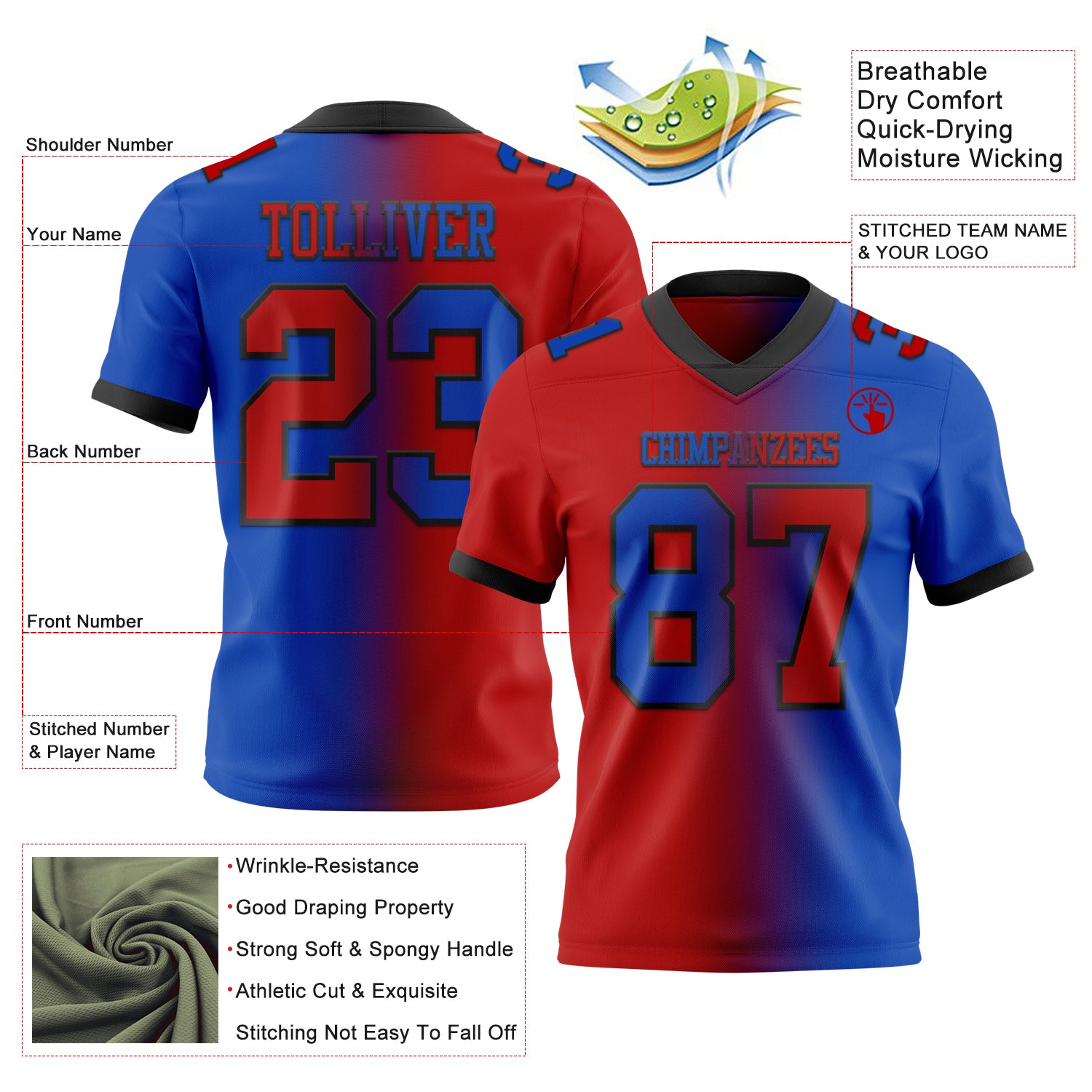 Custom Thunder Blue Red-Black Authentic Gradient Fashion Football Jersey