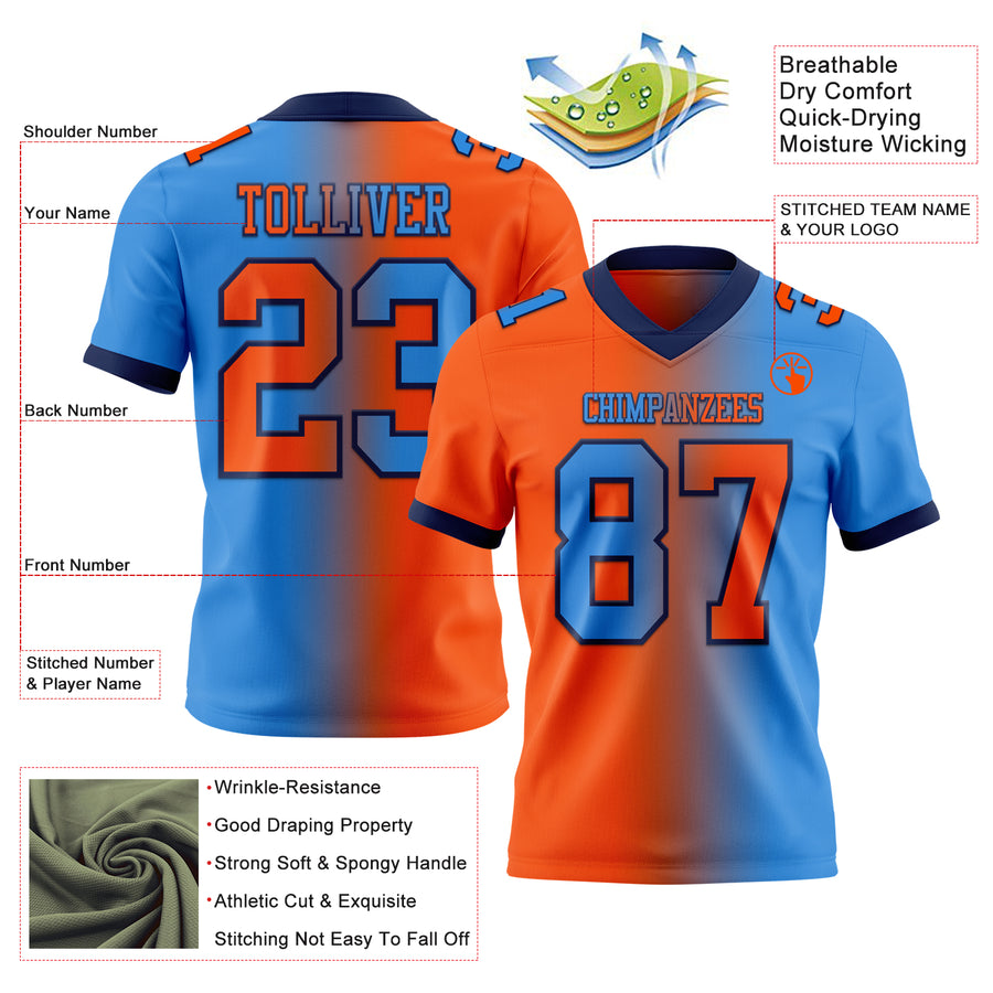 Custom Powder Blue Orange-Navy Authentic Gradient Fashion Football Jersey