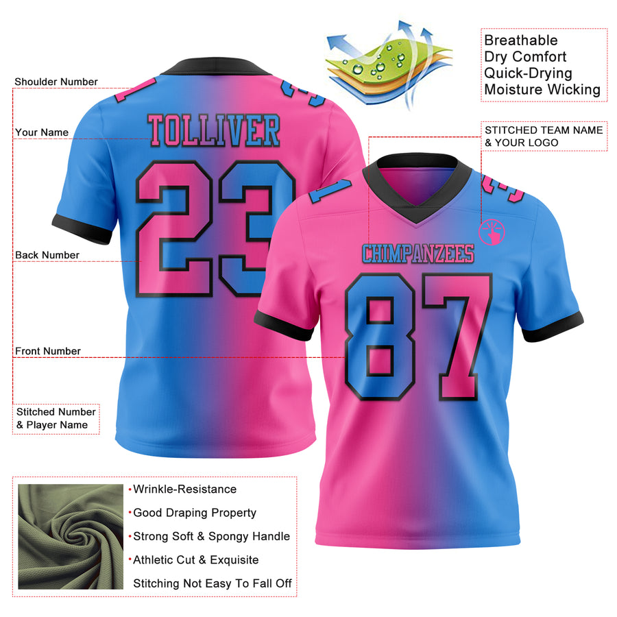 Custom Powder Blue Pink-Black Authentic Gradient Fashion Football Jersey